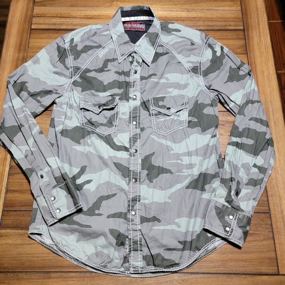 Rock & Roll Cowboy LS Full Metal Snap Camo Green Shirt - Size Large